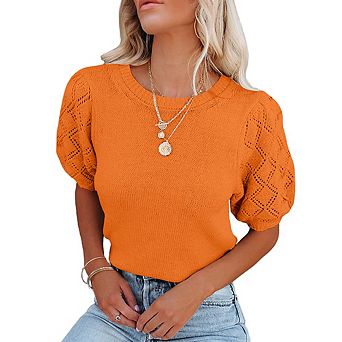 Womens Sweaters Crewneck Knit Pullover Tops Summer Lightweight Diamond Crochet Sleeve Blouse Shirt