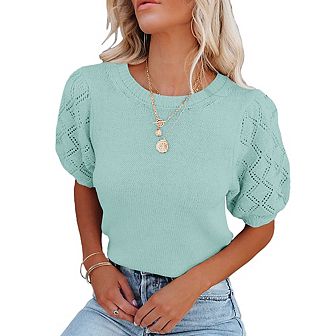 Womens Sweaters Crewneck Knit Pullover Tops Summer Lightweight Diamond Crochet Sleeve Blouse Shirt