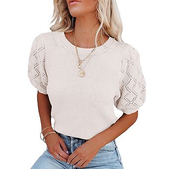Womens Sweaters Crewneck Knit Pullover Tops Summer Lightweight Diamond Crochet Sleeve Blouse Shirt