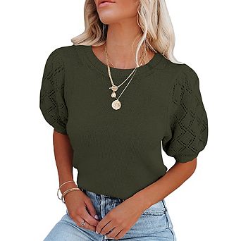 Womens Sweaters Crewneck Knit Pullover Tops Summer Lightweight Diamond Crochet Sleeve Blouse Shirt
