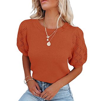 Womens Sweaters Crewneck Knit Pullover Tops Summer Lightweight Diamond Crochet Sleeve Blouse Shirt