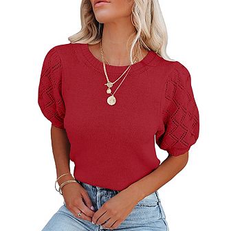 Womens Sweaters Crewneck Knit Pullover Tops Summer Lightweight Diamond Crochet Sleeve Blouse Shirt