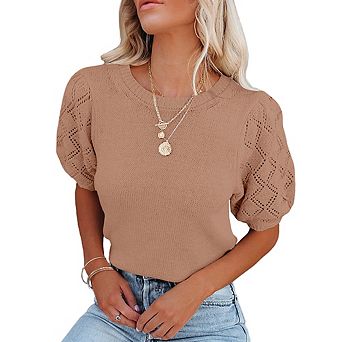 Womens Sweaters Crewneck Knit Pullover Tops Summer Lightweight Diamond Crochet Sleeve Blouse Shirt
