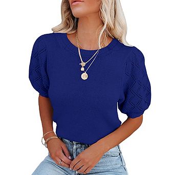 Womens Sweaters Crewneck Knit Pullover Tops Summer Lightweight Diamond Crochet Sleeve Blouse Shirt