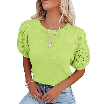 Womens Sweaters Crewneck Knit Pullover Tops Summer Lightweight Diamond Crochet Sleeve Blouse Shirt