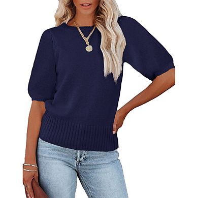 Womens Short Sleeve Sweaters Crewneck Knit Pullover Tops Summer Lightweight Blouse Shirt