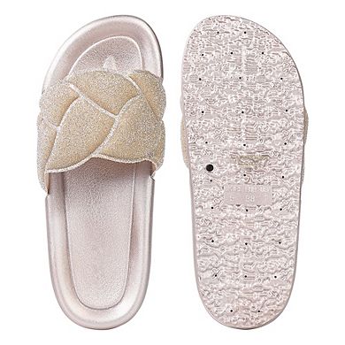 Women's Fashion Sparkly Slides Round Open Toe Slip On House Slippers Soft Thick Cushion Flat Sandal
