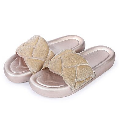Women's Fashion Sparkly Slides Round Open Toe Slip On House Slippers Soft Thick Cushion Flat Sandal