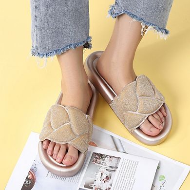 Women's Fashion Sparkly Slides Round Open Toe Slip On House Slippers Soft Thick Cushion Flat Sandal