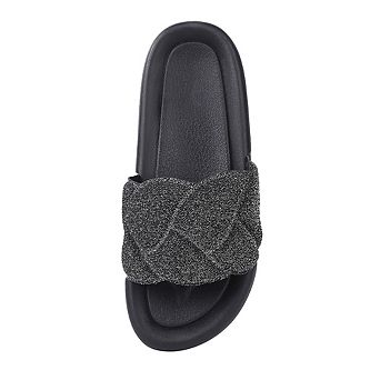 Women's Fashion Sparkly Slides Round Open Toe Slip On House Slippers Soft Thick Cushion Flat Sandal