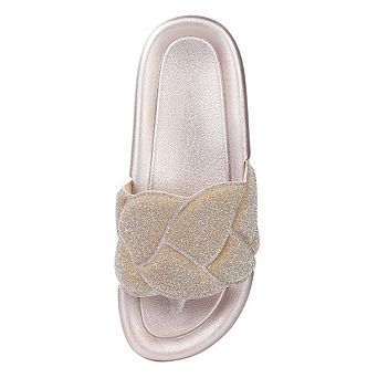 Women's Fashion Sparkly Slides Round Open Toe Slip On House Slippers Soft Thick Cushion Flat Sandal