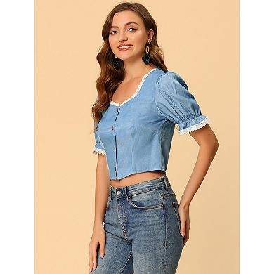 Women's Puffy Sleeves Blouse Lace Square Neck Button Down Crop Tops