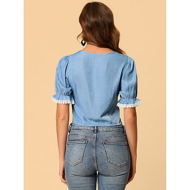 Women's Puffy Sleeves Blouse Lace Square Neck Button Down Crop Tops