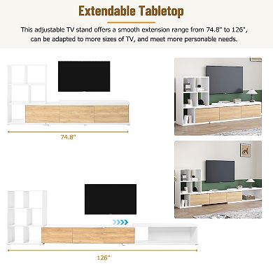 Merax 74.8''-126'' Extendable TV Stand with 3 Tier Bookshelves