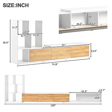 Merax 74.8''-126'' Extendable TV Stand with 3 Tier Bookshelves