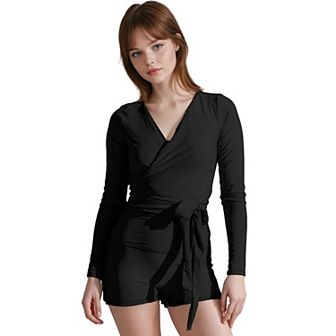 Women's Avery 2 pc Long Sleeve Wrap Swim Set With Reversible Top and Tummy Control Shorts