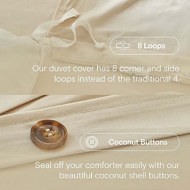 DOZ Long Staple Cotton Duvet Cover Set, Soft Sateen Weave, Smooth, Breathable, Cooling, 8 Loops