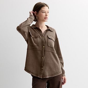 Juniors' Rewind Button Front Knit Shacket