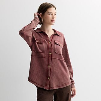 Juniors' Rewind Button Front Knit Shacket