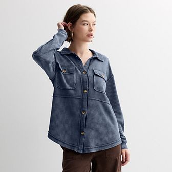 Juniors' Rewind Button Front Knit Shacket