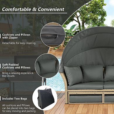 Merax Outdoor Patio Daybed Wicker Rattan Double Daybed Round Sofa Furniture Set