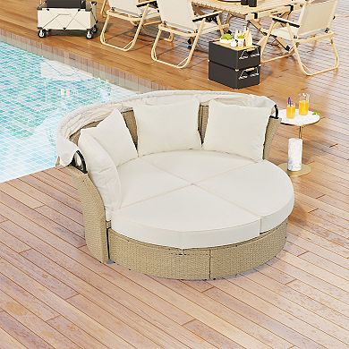 Merax Outdoor Patio Daybed Wicker Rattan Double Daybed Round Sofa Furniture Set
