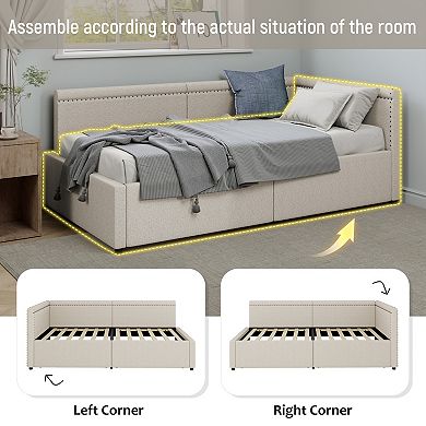 Merax Modern Style Twin Size L Shape Corner Bed, Linen Upholstered Daybed