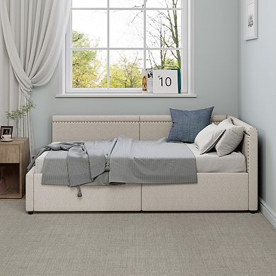 Merax Modern Style Twin Size L Shape Corner Bed, Linen Upholstered Daybed
