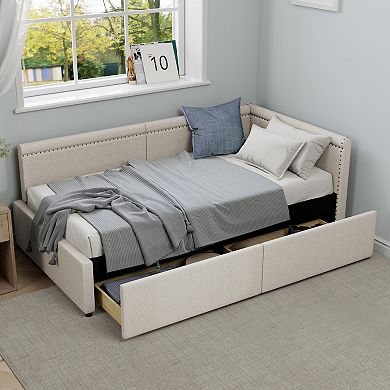 Merax Modern Style Twin Size L Shape Corner Bed, Linen Upholstered Daybed