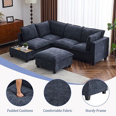 Merax 90" U-shaped Sectional Sofa Modular Sofa Couch with a Movable Ottoman