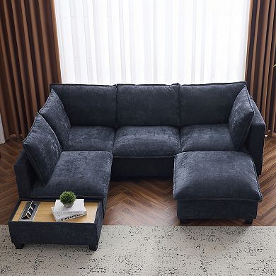 Merax 90" U-shaped Sectional Sofa Modular Sofa Couch with a Movable Ottoman