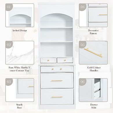 Merax Modern High Kitchen Pantry, Freestanding Tall Kitchen Hutch with Faux Marble Top