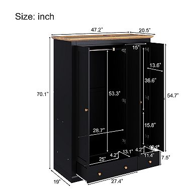 Merax Modern Wood 3 Doors Armoire Wardrobe Closet with 2 Drawers,70.1" Tall Wooden Wardrobe Cabinet
