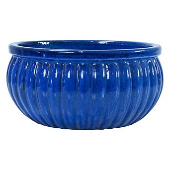 Sunnydaze 14.5” Round Ribbed Ceramic Planter Bowl - Imperial Blue