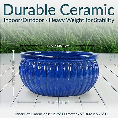 Sunnydaze 14.5” Round Ribbed Ceramic Planter Bowl - Imperial Blue