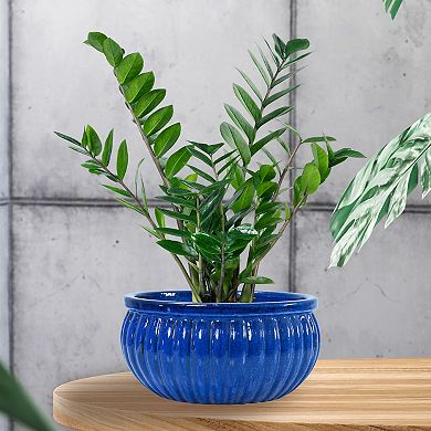 Sunnydaze 14.5” Round Ribbed Ceramic Planter Bowl - Imperial Blue