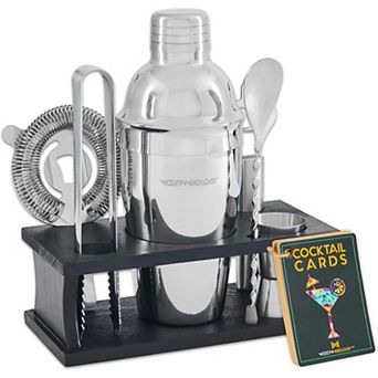 Bartender Kit - 8 pc Silver Cocktail Shaker Set with Black Wood Stand