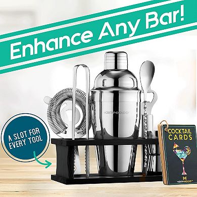 Bartender Kit - 8-Piece Silver Cocktail Shaker Set with Black Wood Stand