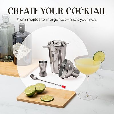 Bartender Kit - 8-Piece Silver Cocktail Shaker Set with Black Wood