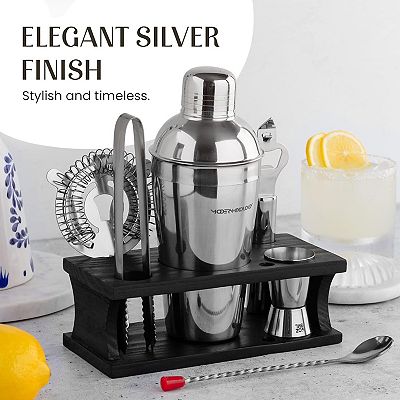 Bartender Kit - 8-Piece Silver Cocktail Shaker Set with Black Wood