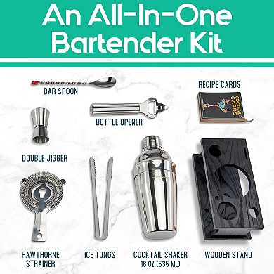 Bartender Kit - 8-Piece Silver Cocktail Shaker Set with Black Wood Stand