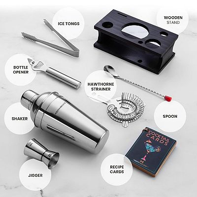 Bartender Kit - 8-Piece Silver Cocktail Shaker Set with Black Wood