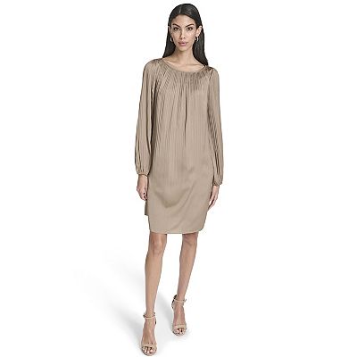 Women's Andrew Marc Long Sleeve Pleated Shift Dress, Size: 2, Taupe