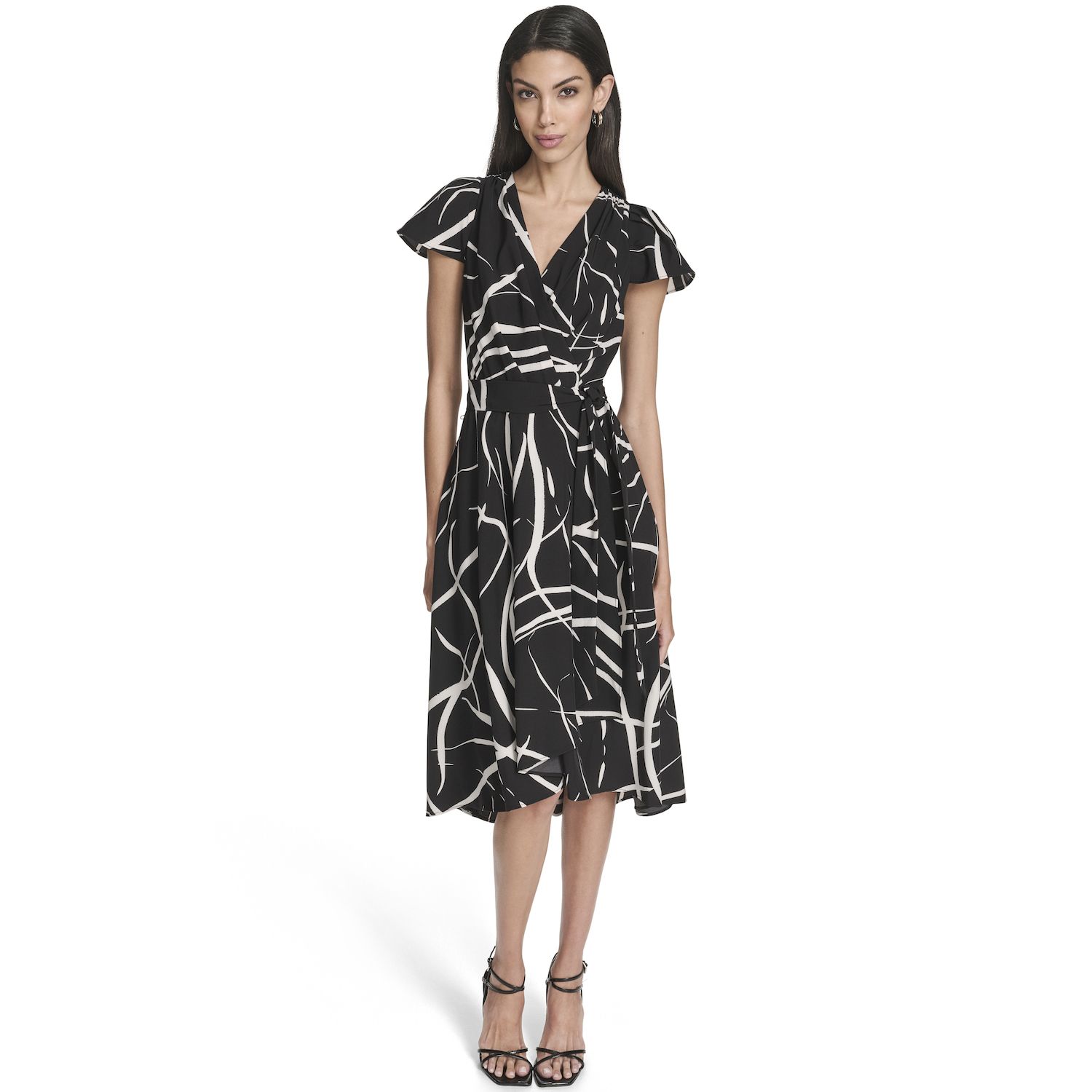 Женские платья Andrew Marc Flutter Abstract Sleeve Wrap Midi Dress