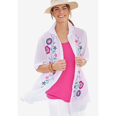 Woman Within Plus Size Embroidered Gauze Shirt