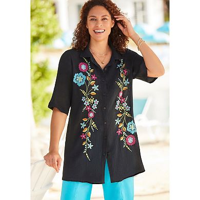 Woman Within Plus Size Embroidered Gauze Shirt