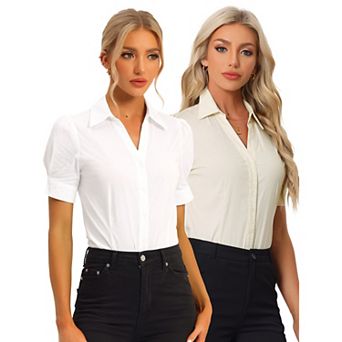 2 Packs Women's Office Blouse Button Down One-Piece Short Sleeve Bodysuit Work Shirt
