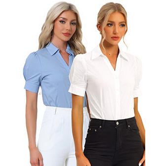2 Packs Women's Office Blouse Button Down One-Piece Short Sleeve Bodysuit Work Shirt
