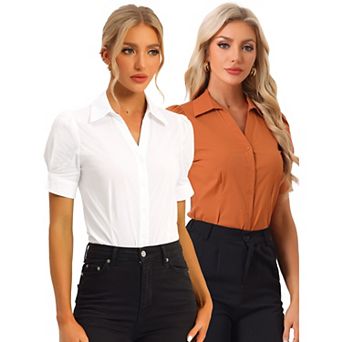 2 Packs Women's Office Blouse Button Down One-Piece Short Sleeve Bodysuit Work Shirt