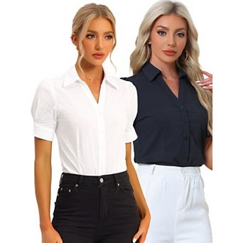 2 Packs Women's Office Blouse Button Down One-Piece Short Sleeve Bodysuit Work Shirt